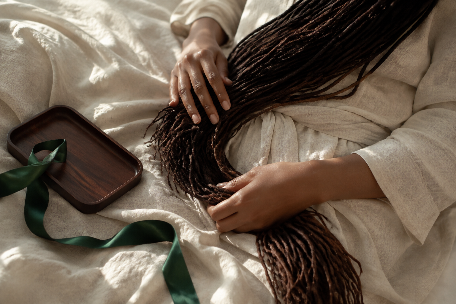 Illustration of hands caring for long locs