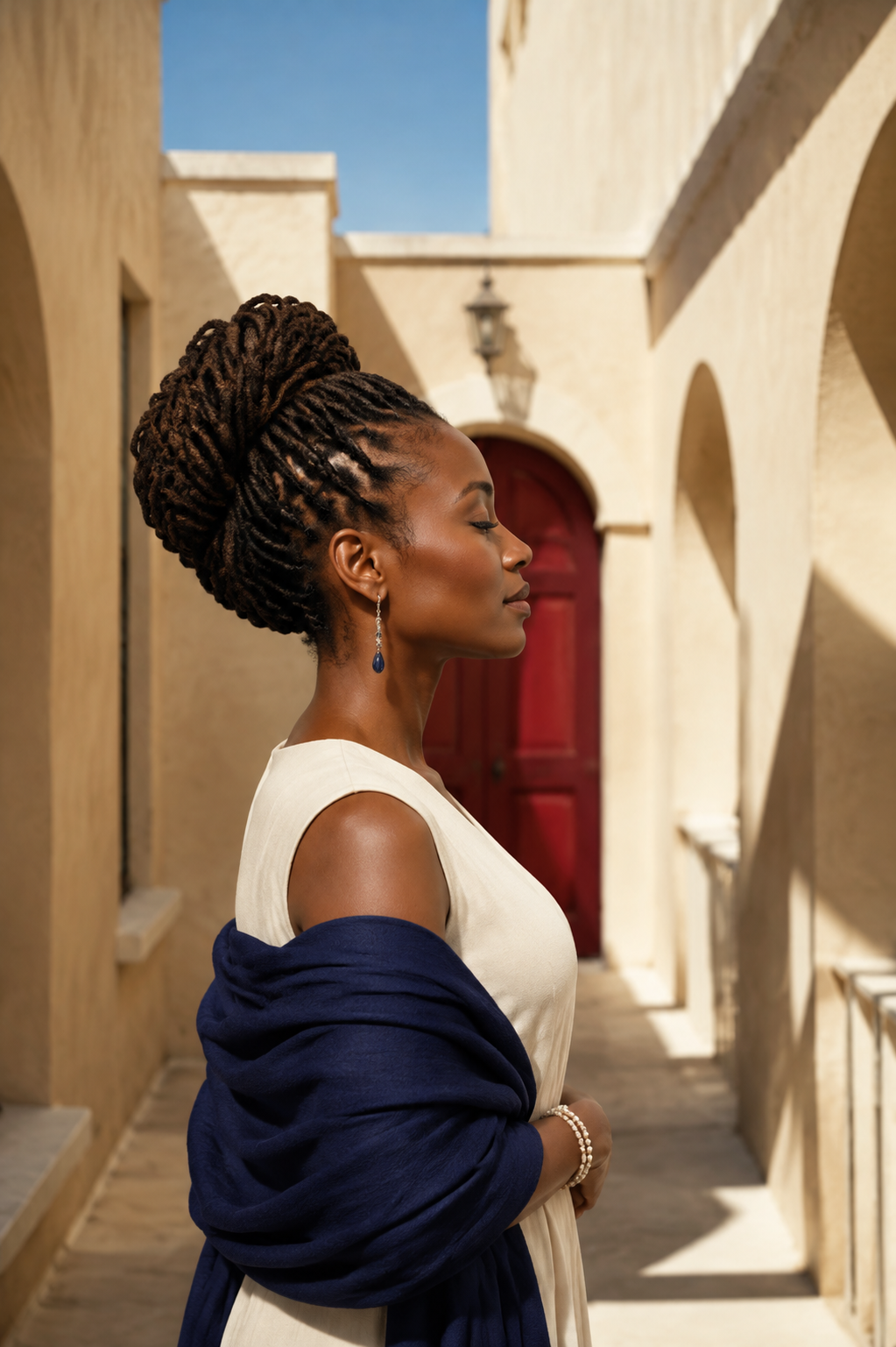 Illustrated portrait with a sculpted loc updo